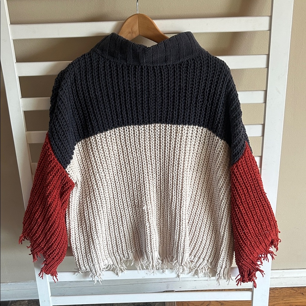 Santa Sofia Colorblock Turtleneck Chunky Sweater Orange, Gray, Cream Medium